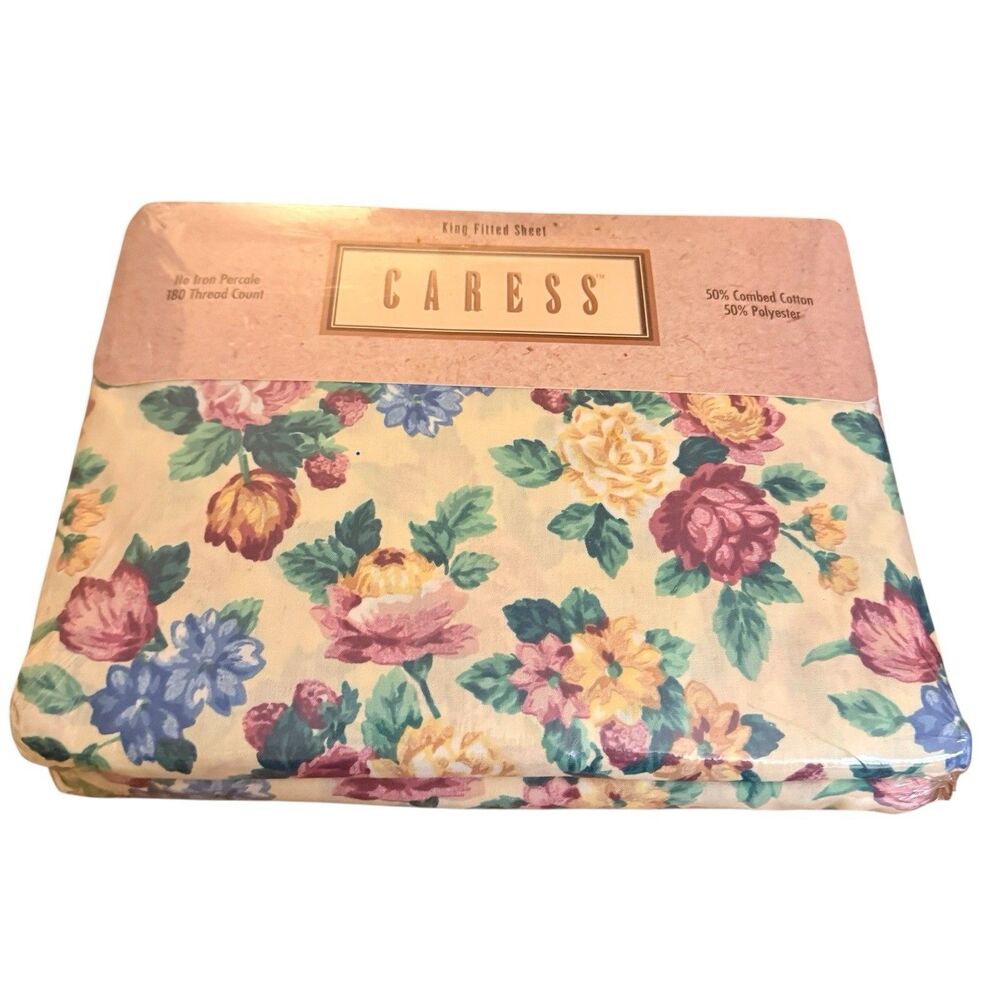 Mervyns Caress King Fitted Sheet Plantation Floral VTG 90s Cottagecore USA